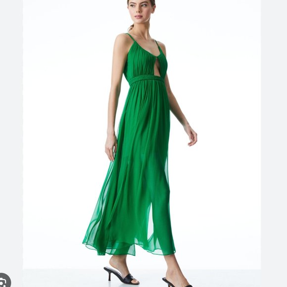 NEW ALICE + OLIVIA Tamar Cutout Slit Maxi Green Dress (100% silk fabric) - Picture 3 of 5